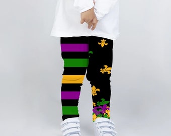 Mardi Gras Fleur de Lis and Stripes Spandex Leggings- Youth