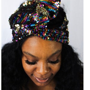 Multi Color Reversible Sequin Head Wrap Turban