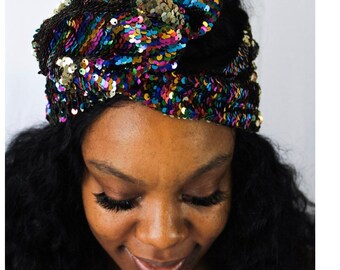 Multi Color Reversible Sequin Head Wrap Turban