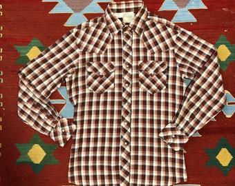 Vintage 70s Rocking Ranchwear Western Shirt Medium Plaid Red White & Beige