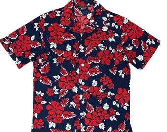 Vintage 70s Jantzen Hawaiian Shirt Medium Hibiscus Print Made in USA Aloha Shirt