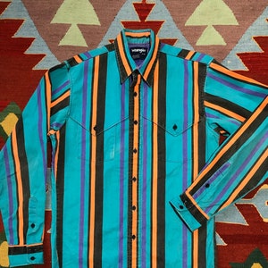Vintage 90s Wrangler Brushpopper Western Shirt Striped Neon Teal Orange Purple Black 15 34 Long Tails Heavy Etsy UK