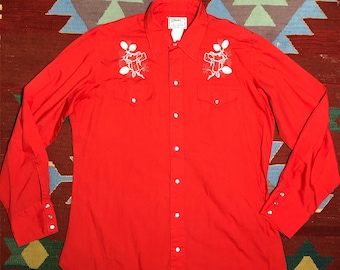 Camisa vaquera vintage de los 80 bordada, H Bar C Pearl Snap, roja, XL