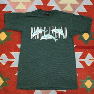 Vintage 90s Padre Island Texas T shirt Dolphin Print Puff Paint Green Striped Single Stitch Made in USA Medium