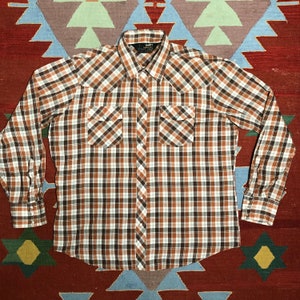 Vintage 80s Van Cort Western Shirt L Plaid Pearl Snap Made in USA Brown Earth Tones 16-16 1/2