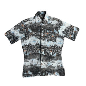 Vintage 70s Polyester Disco Shirt Small Contour Fit All Over Art Print Photo Short Sleeve National Shirt Shops