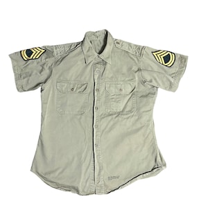 Vintage 50s Korean War US Army Khaki Shirt Heavy Cotton Large Made in USA 46&quot; Chest Tan With Patches 16 X 34