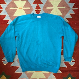 Vintage 80s Hanes Raglan Sweatshirt large Electric Blue Teal made in USA Minimalist Comfortable