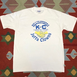 Camiseta vintage dos anos 80 Cavaleiros de Colombo Jaffa Clowns XL Hanes Fifty Fifty Feito nos EUA Branco Único Ponto