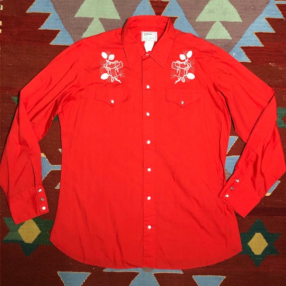 Vintage 80s H Bar C Embroidered Western Shirt Pea… - image 1