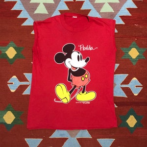 Vintage 80s Velva Sheen Mickey Mouse Florida T shirt Cut Off Sleeves  XL Red  made in USA