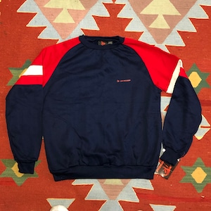 Vintage 80s Dunlop Raglan Sweatshirt Blue Red Gray Color Block NWT 100% Acrylic Large