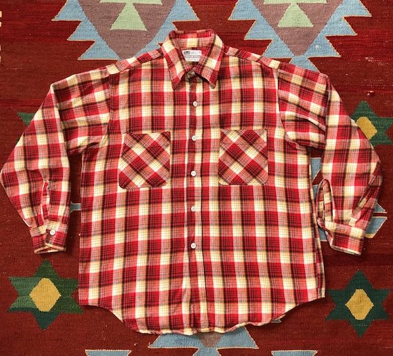 Vintage 60s Plaid Work Shirt Grant's Medium 100% Cotton Red Button