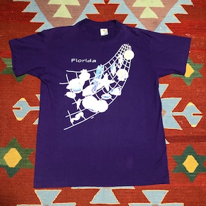 Vintage 90s Florida T Shirt Single Stitch Duże fioletowe muszle Sunshine Apparel