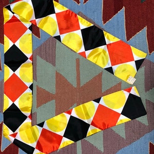 Vintage 60s MOD Scarf Acetate Black Red Yellow 52&quot; Diamond Circle Pattern Harlequin