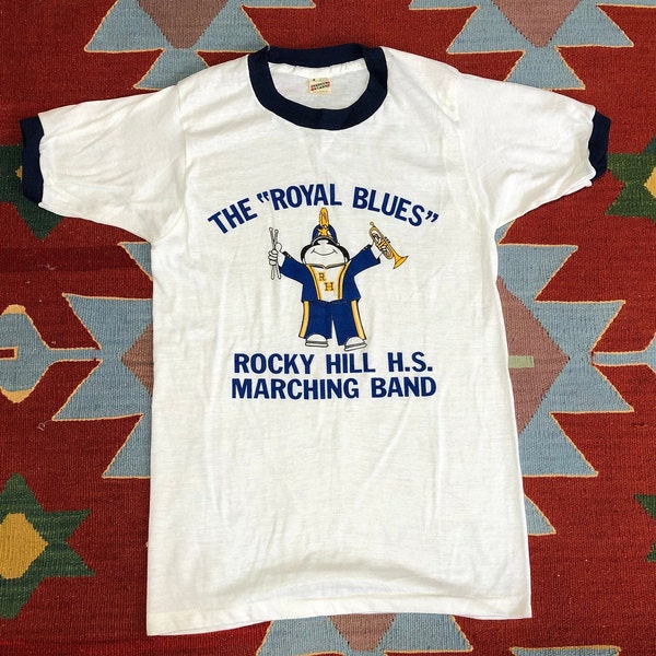Vintage 80s Ringer T Shirt Rocky Hill High School Marching Band The Royal Blues Screen Stars NOS Small