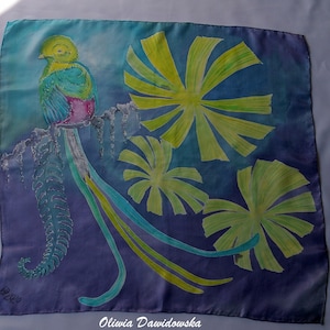 Hand Painted Unique Silk Little Square Scarf Bandanna with Quetzal bird and tropical plants on the turquoise/violet color. Luxury Silk Art.