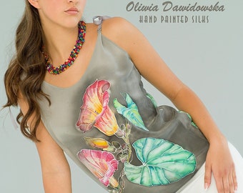 Top de crepé de seda con estampado floral pintado a mano: Blusa sin mangas