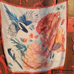 Big Square Hand Painted Unique Silk Scarf Portrait of the lady with red poppy flowers and magpie birds.Unique wedding gift. Luxury Silk Art.