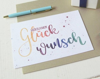 Postkarte "Herzlichen Glückwunsch" – Handlettering – optional mit Briefumschlag