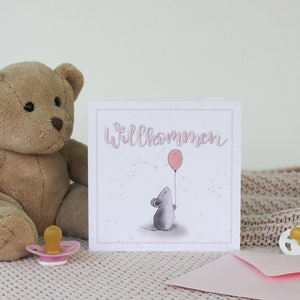 Roze babykaart, geboortekaart met envelop, 15 x 15 cm, handlettering, aquarel