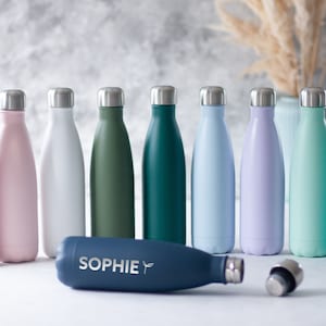 Personalisierte Thermosflasche mit Gravur fairsozial gefertigt Trinkflasche mit Name in vielen Farben 18/8 Edelstahl 500 ml Dunkelblau