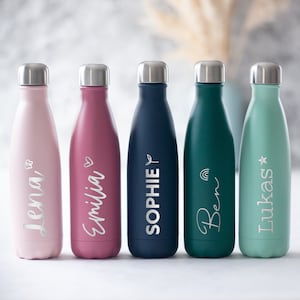 Personalisierte Thermosflasche mit Gravur fairsozial gefertigt Trinkflasche mit Name in vielen Farben 18/8 Edelstahl 500 ml Bild 1