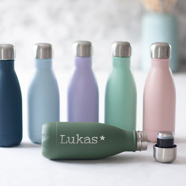 Kleine personalisierte Thermosflasche mit Gravur | fair+sozial gefertigt | 260 ml Trinkflasche für Kinder mit Name | 18/8 Edelstahl