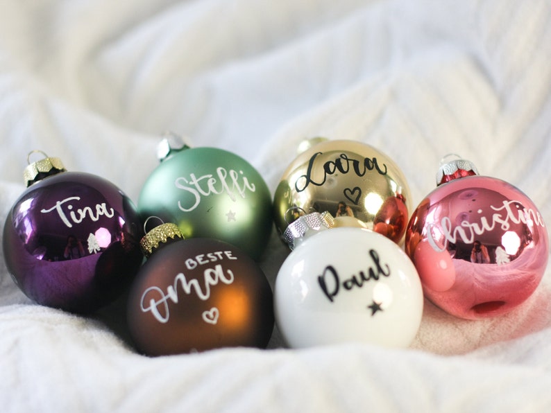 Hand-written Christmas balls made of glass, personalized with desired text, Christmas tree decoration with name, in gift box image 2