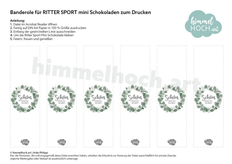 Download: Banderole Schön, dass du da bist für RitterSport mini, Eukalyptus-Kranz, digitale Datei zum Ausdrucken Bild 5