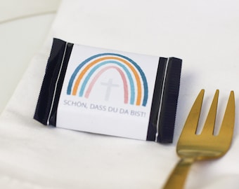 Banderole &quot;It&#39;s nice that you&#39;re here&quot; for mini chocolate, for confirmation/communion, rainbow, digital file for printing