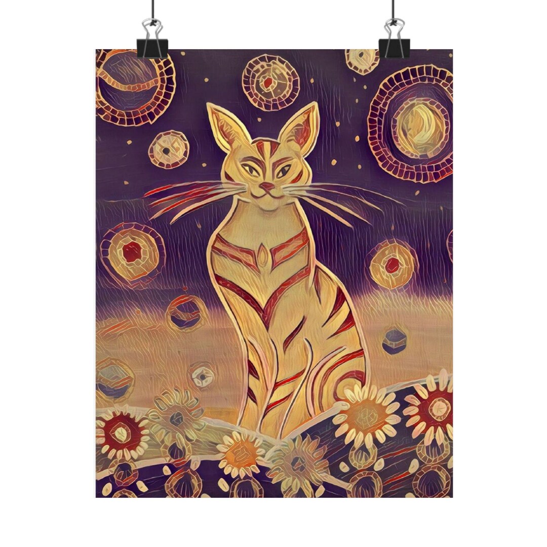 Whimsical Golden Cat Poster Matte Vertical Poster | Floral Moonlight ...