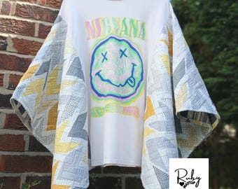 Upcycled Tshirt Kimono Top  Poncho style Boho Top Festival clothing Holiday Unique Design