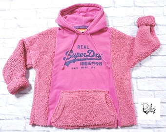 Upcycled Pink Ladies Fleece Hoodie, Reworked Streetwear (Size Small)