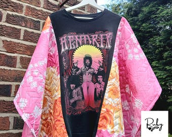 Upcycled Tshirt Kimono Top  Poncho style Boho Top Festival clothing Holiday Unique Design