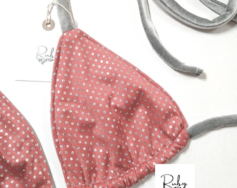 Koraalkleurige fluwelen glitterbikinitop - Zilverkleurige festivalravetop met stippen (A/B-cup)