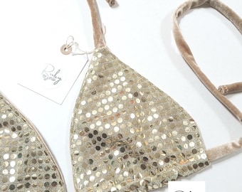 Fluwelen gouden bikinitop met lovertjes: Festival Rave Beachwear