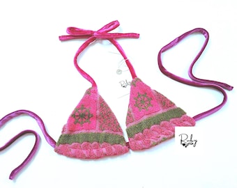 Geüpcycled badstofbikinitop, roze fluwelen omkeerbare festivalstrandkleding (A/B-cup)