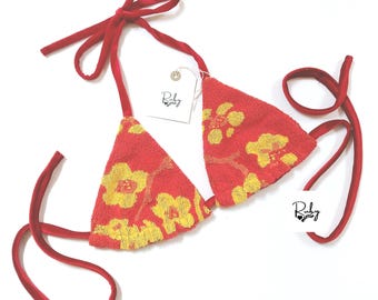 Geüpcycled badstofbikinitop, roodfluwelen omkeerbaar festivaltopje