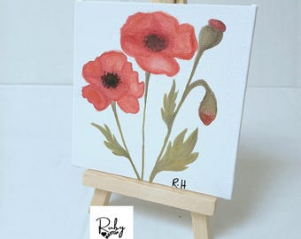 Poppy Mini Watercolour Painting Original Artwork on Canvas with Easel