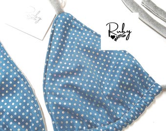 Blauwgroen glitterfluwelen bikinitop, zilveren stippen, rave clubwear (A/B-cup)