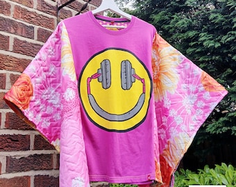 Upcycled Tshirt Kimono Top  Poncho style Boho Top Festival clothing Holiday Unique Design