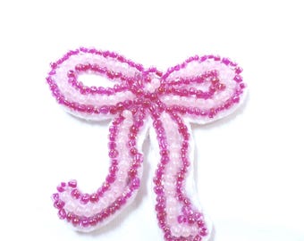 Handmade Beaded Pink Bow Applique Decorative Patch, Sew On Patch , DIY badge , Revamp Patch Accessory Coquette