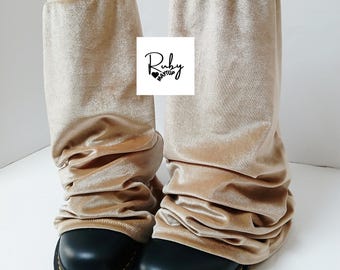 Champagnegouden fluwelen beenwarmers, uitlopende overlaarzen voor clubkleding