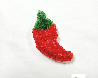 Handmade Beaded Red Chilli Applique Decorative Patch, Sew On Patch , DIY badge , Revamp Patch Accessory Fruit