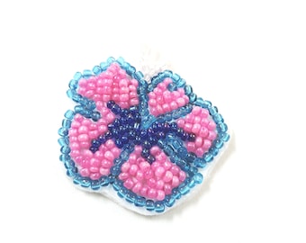 Handmade Beaded Blue Hibiscus Flower Applique Decorative Patch, Sew On Patch , DIY badge , Revamp Patch Accessory Coquette