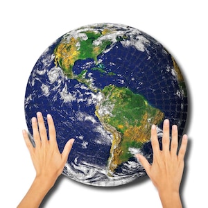 May include: A jigsaw puzzle depicting Earth, with continents in green and brown against a blue ocean. Two hands are positioned on either side of the puzzle, with a white background.