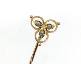 Edwardian 15ct gold seed pearl stick tie / cravat pin - flower shaped - vintage