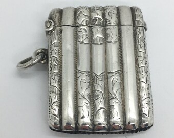 Custodia Vesta / portafiammiferi edoardiano in argento sterling massiccio con design scanalato