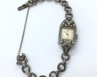 montre-bracelet vintage en marcassite pour femme Olma 17 bijoux montre cocktail sur bracelet - fonctionne